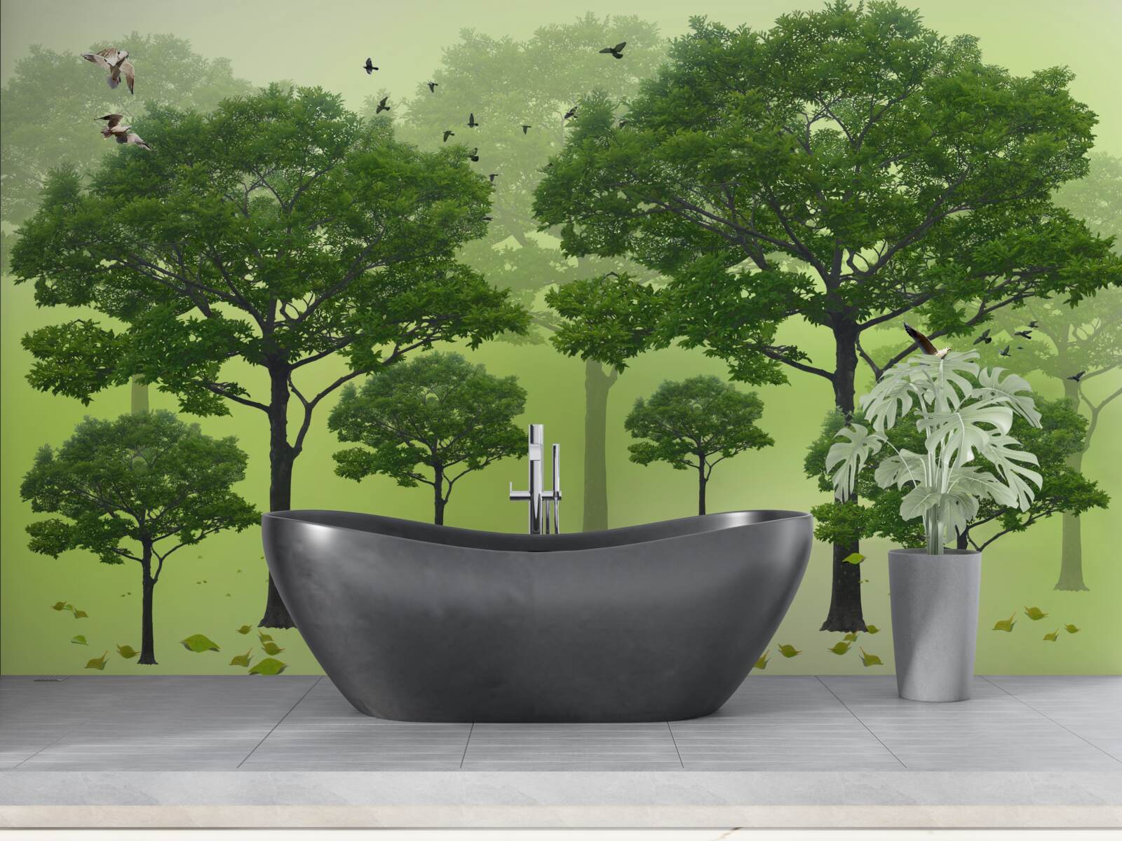 Фотошпалери ранковий ліс, вкритий зеленим листям