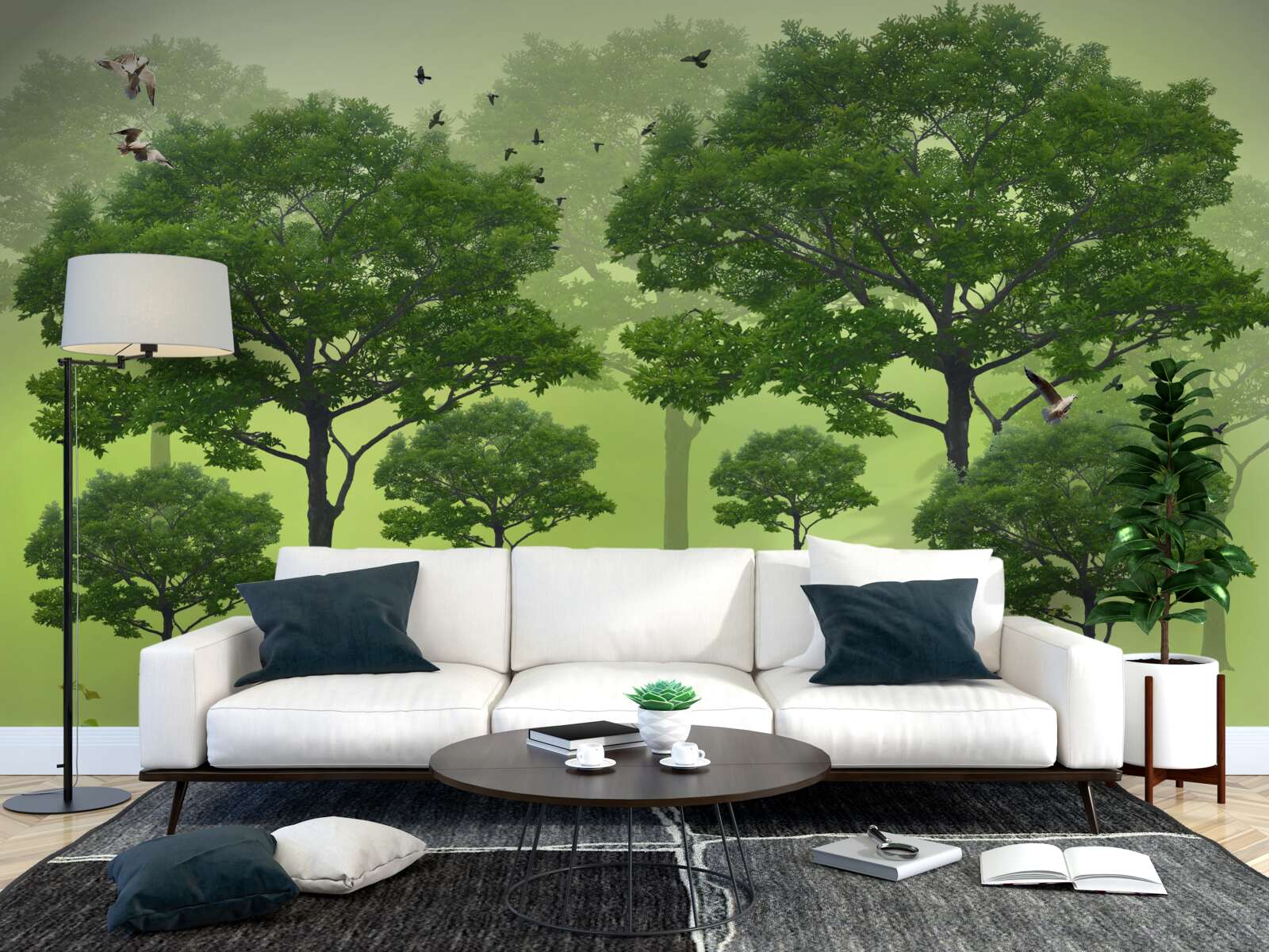 Фотошпалери ранковий ліс, вкритий зеленим листям