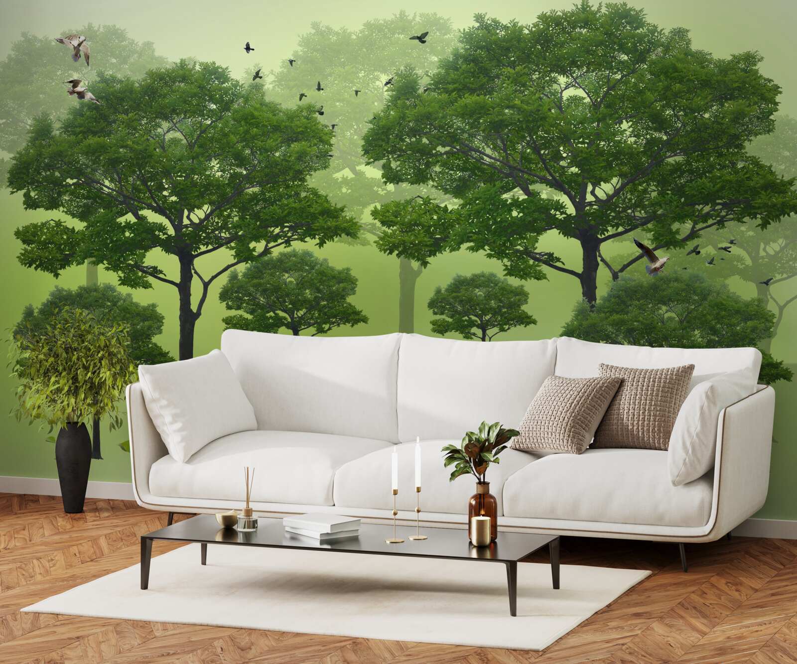 Фотошпалери ранковий ліс, вкритий зеленим листям