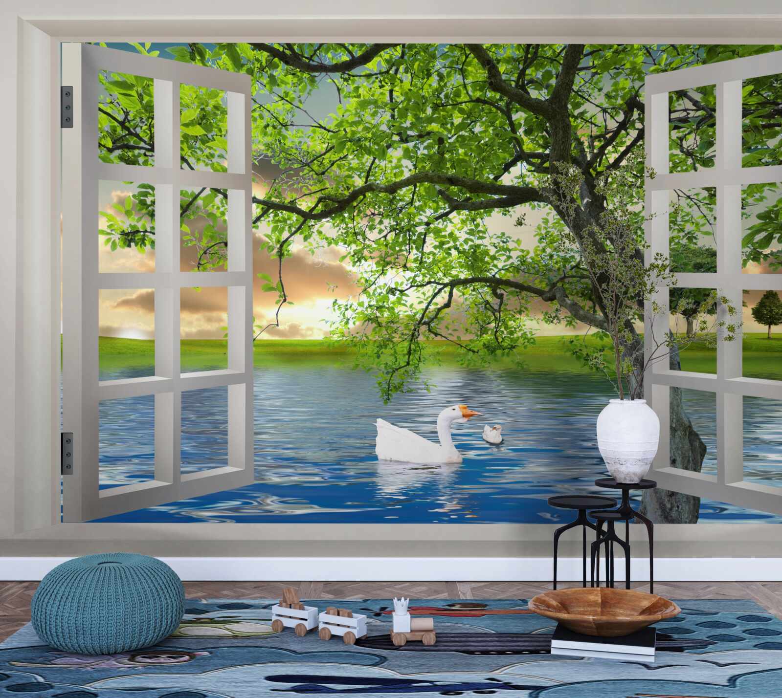 Фотошпалери Біля вікна плаває лебідь
