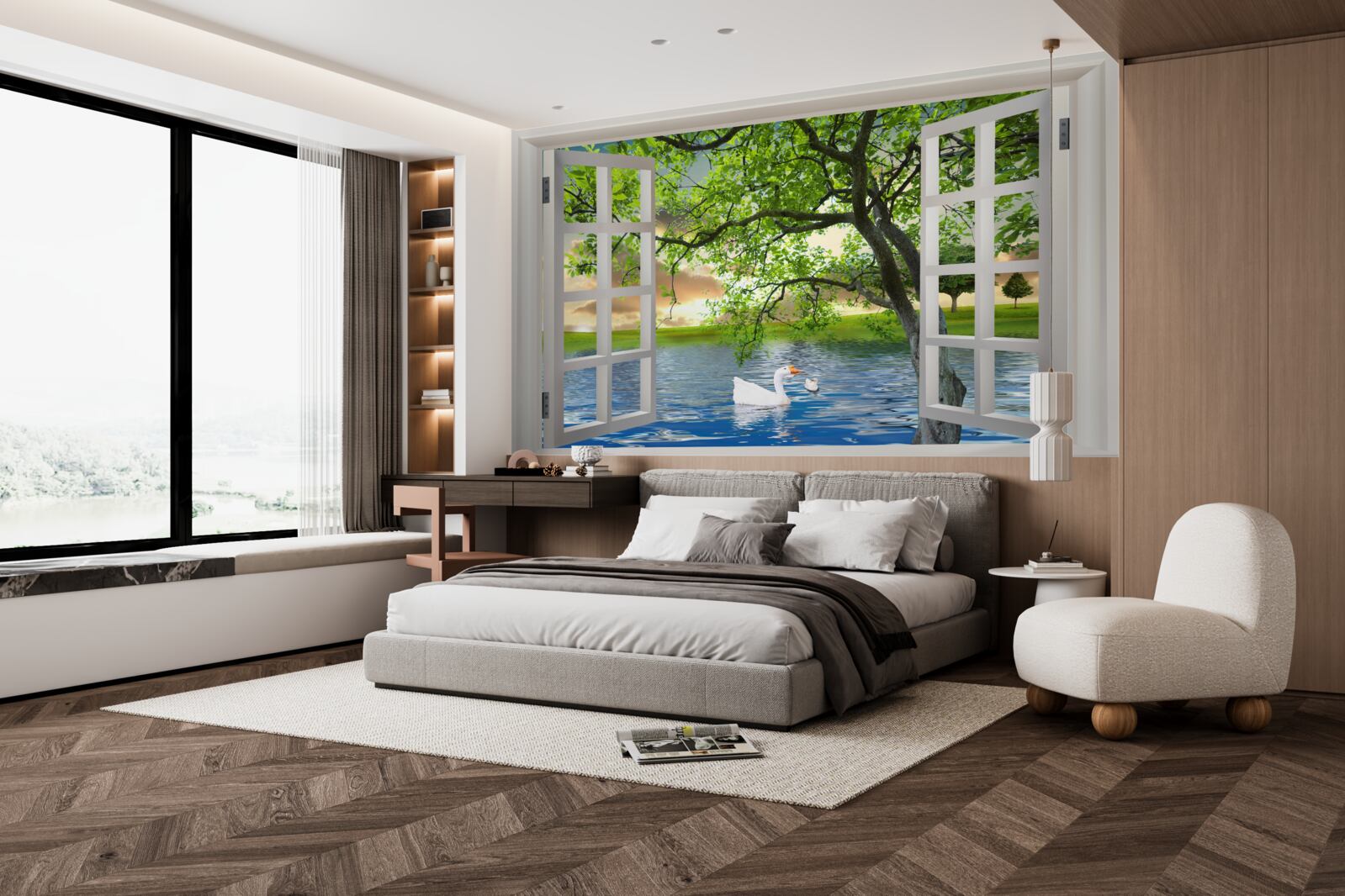 Фотошпалери Біля вікна плаває лебідь