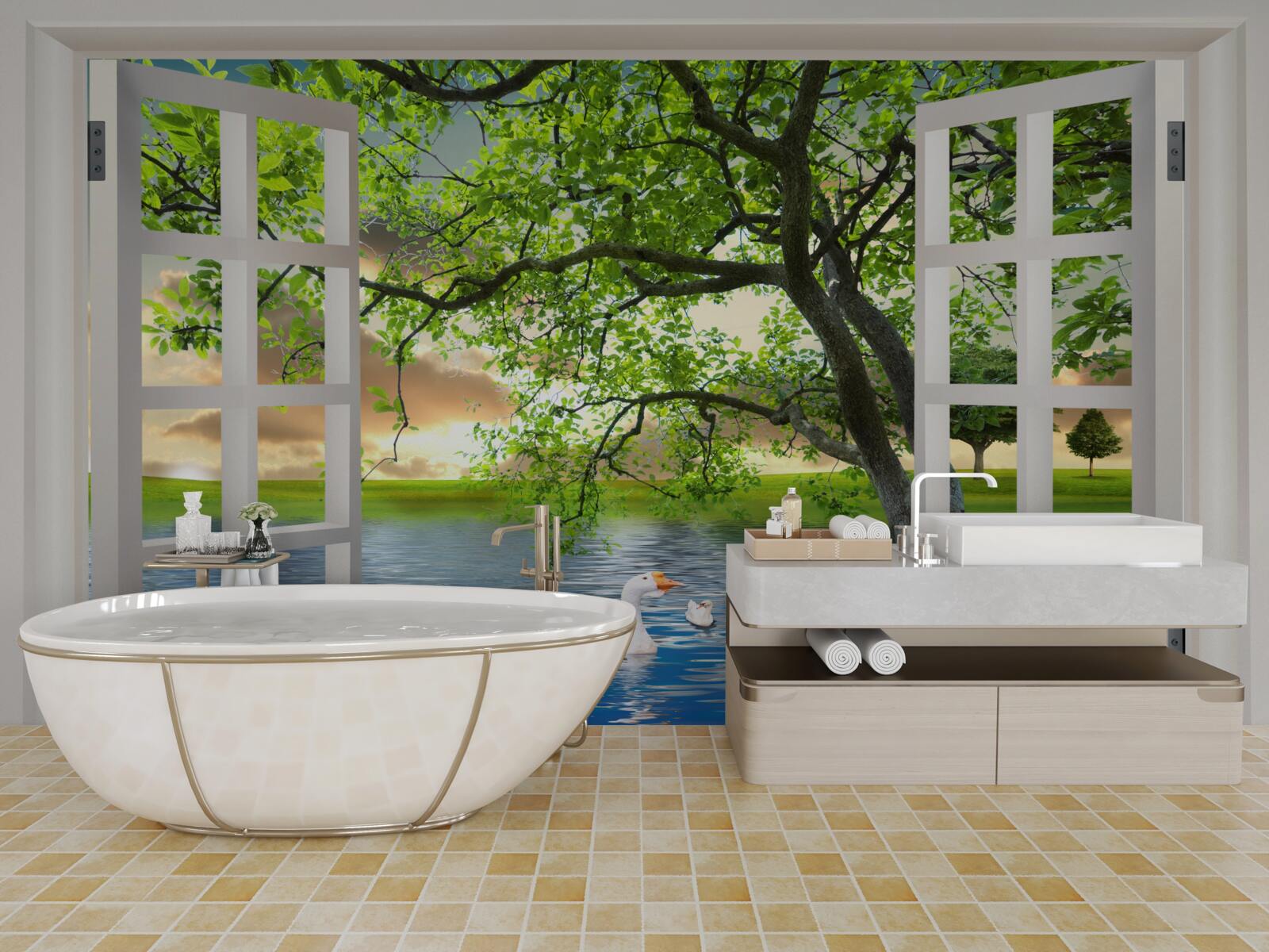 Фотошпалери Біля вікна плаває лебідь