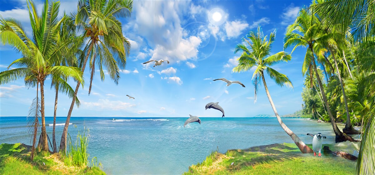 Фотошпалери дельфіни на морському пейзажі