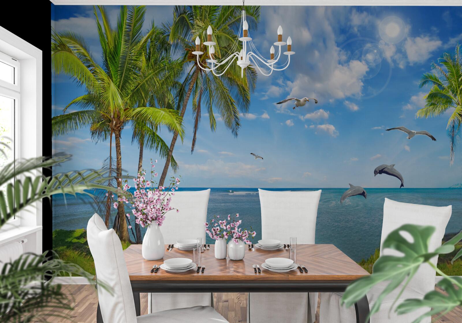 Фотошпалери дельфіни на морському пейзажі