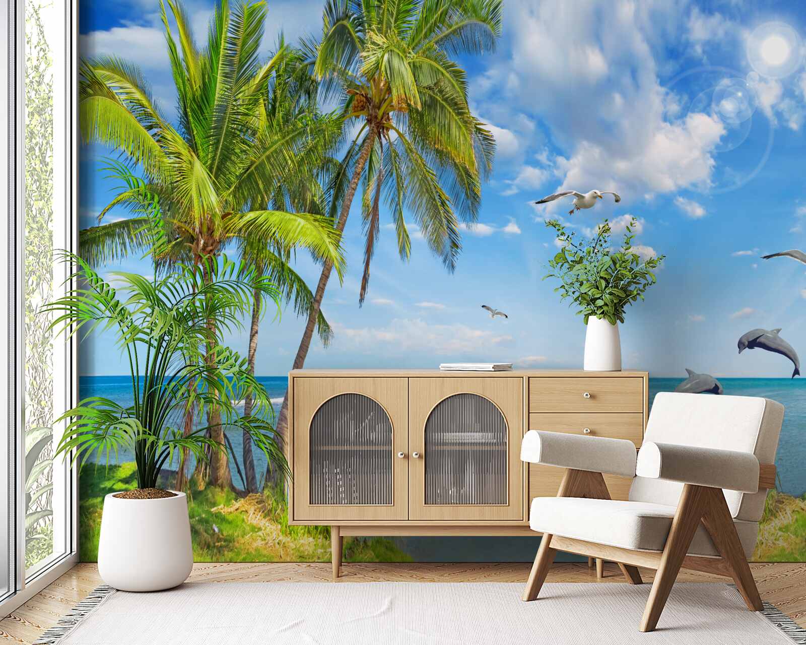 Фотошпалери дельфіни на морському пейзажі