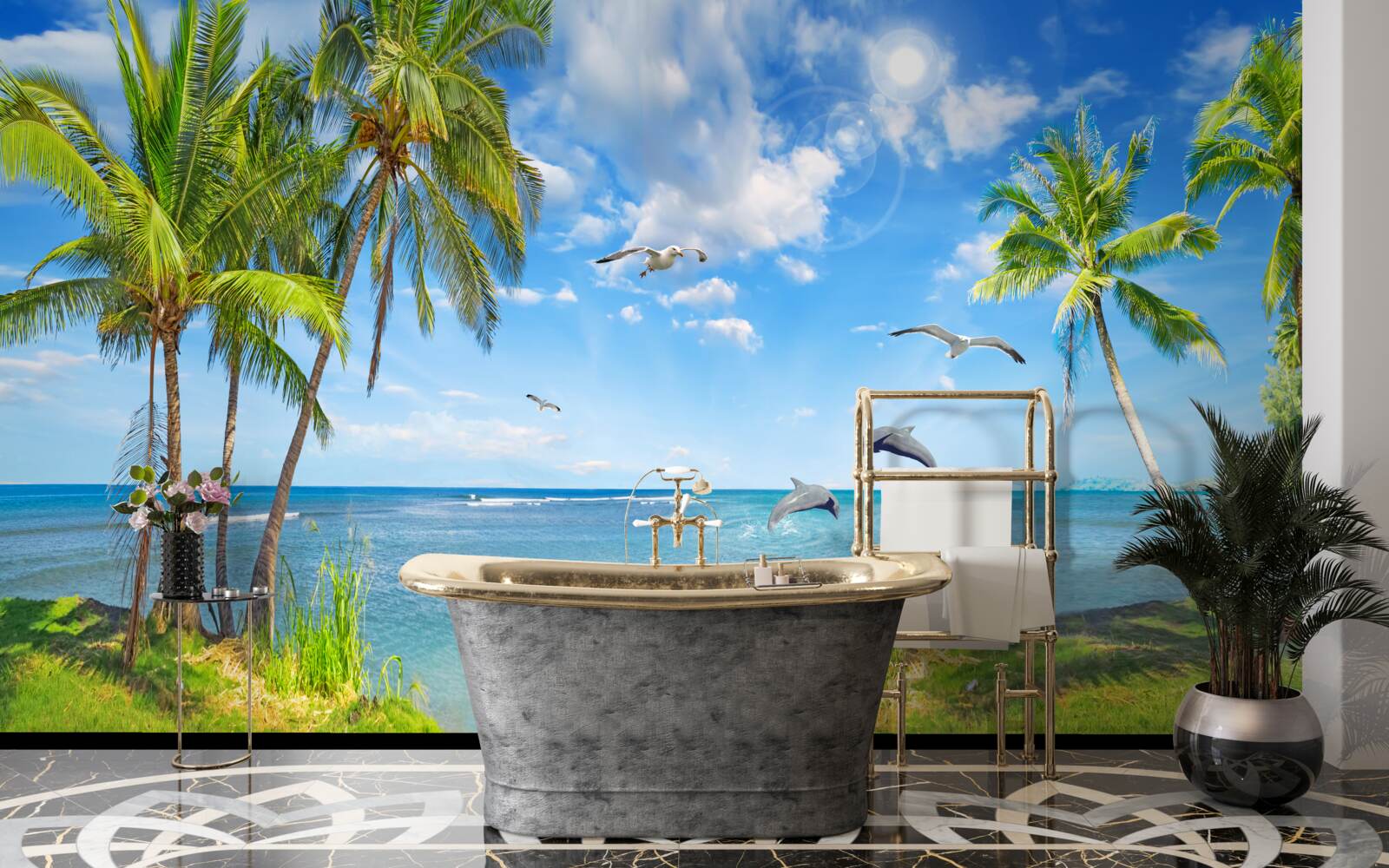 Фотошпалери дельфіни на морському пейзажі