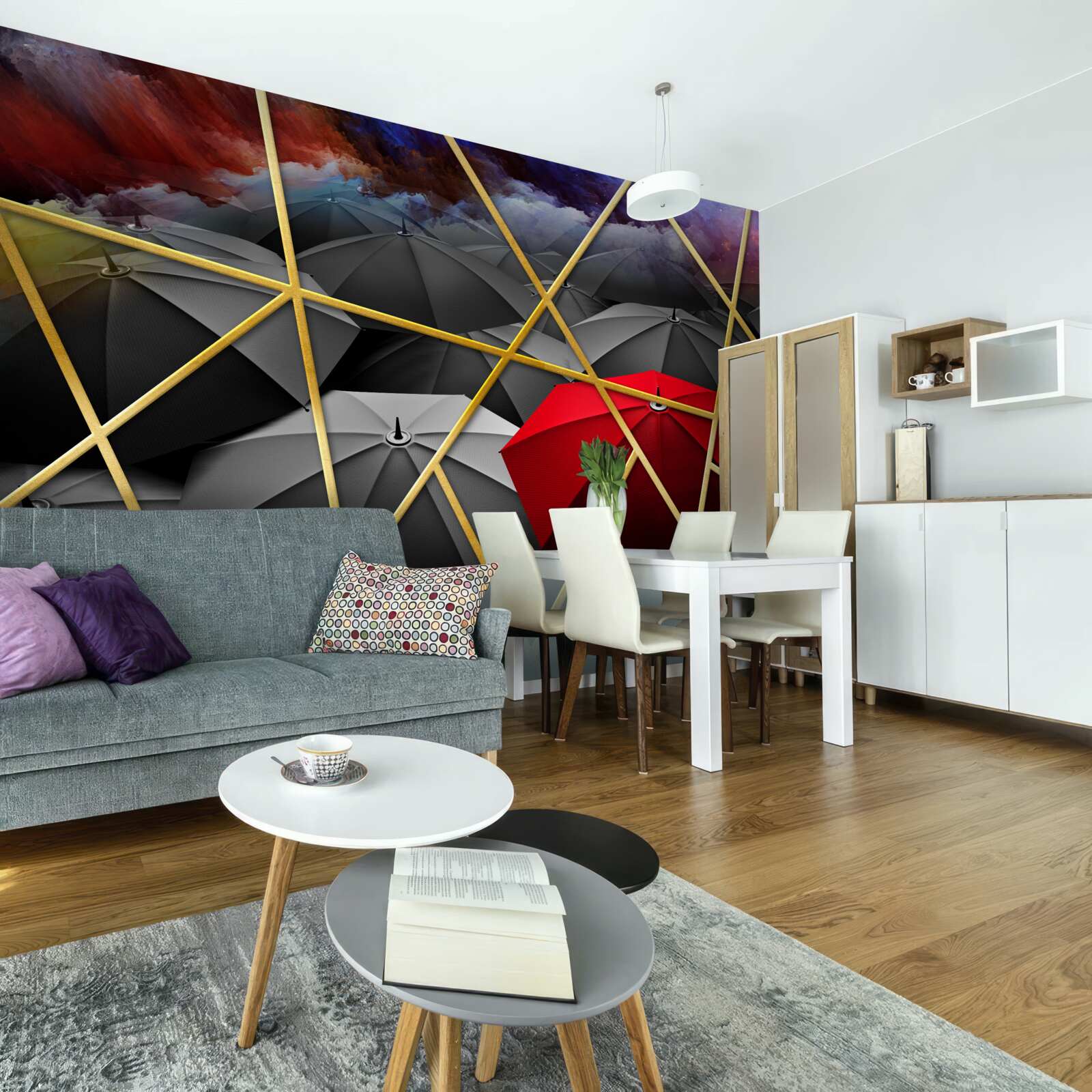 Фотошпалери золота сітка на сірому тлі, підкреслена червоною парасолькою