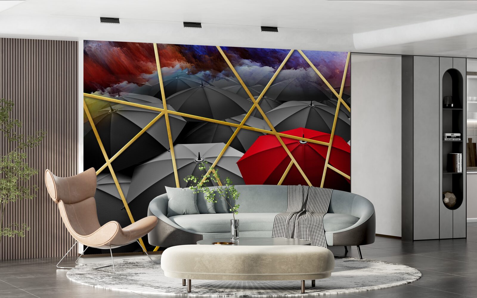 Фотошпалери золота сітка на сірому тлі, підкреслена червоною парасолькою