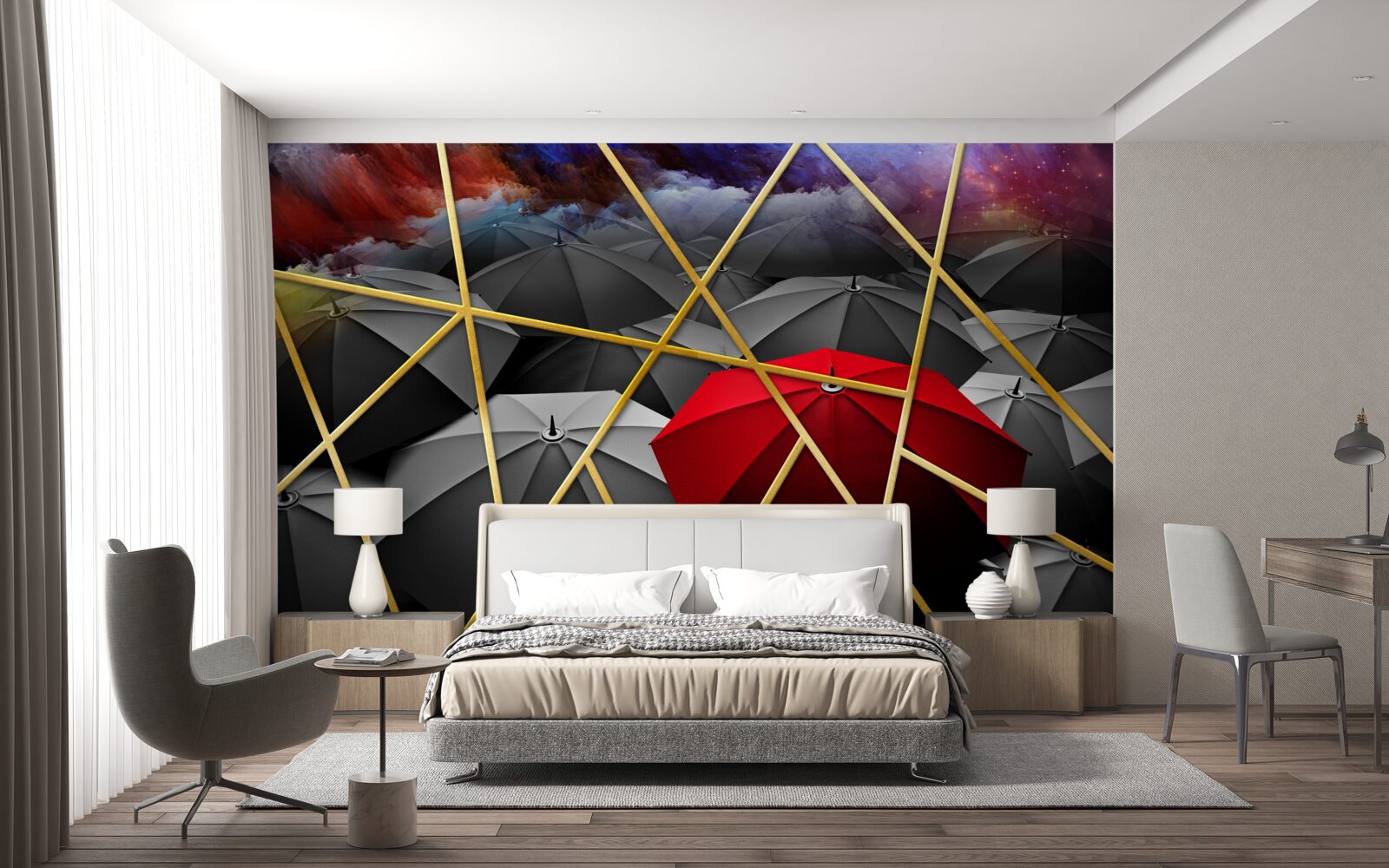 Фотошпалери золота сітка на сірому тлі, підкреслена червоною парасолькою