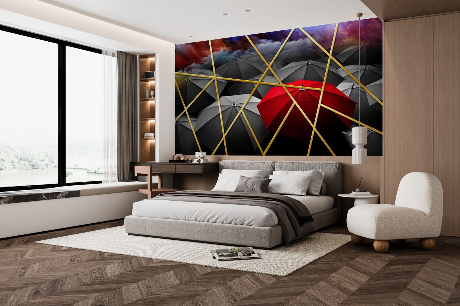 Фотошпалери золота сітка на сірому тлі, підкреслена червоною парасолькою