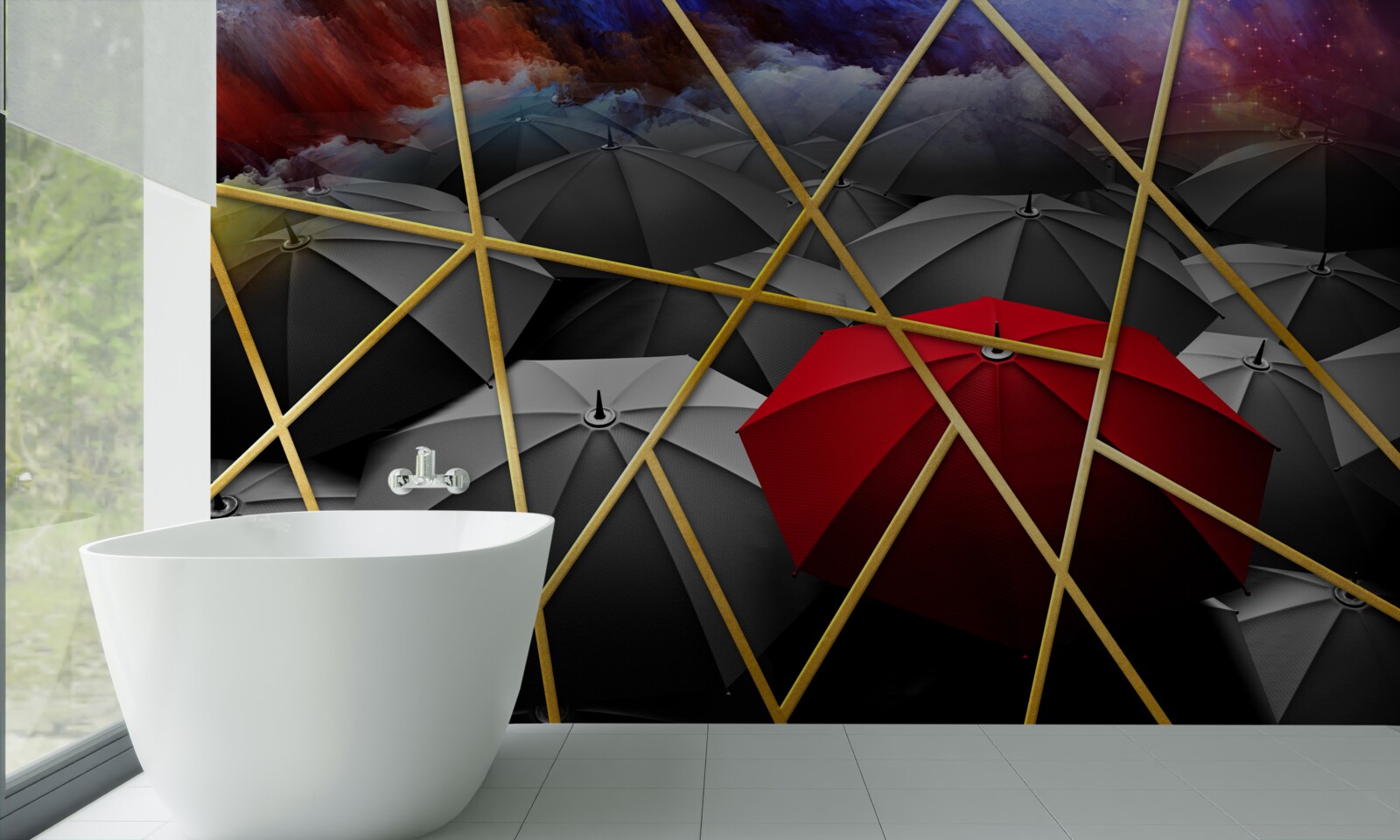 Фотошпалери золота сітка на сірому тлі, підкреслена червоною парасолькою