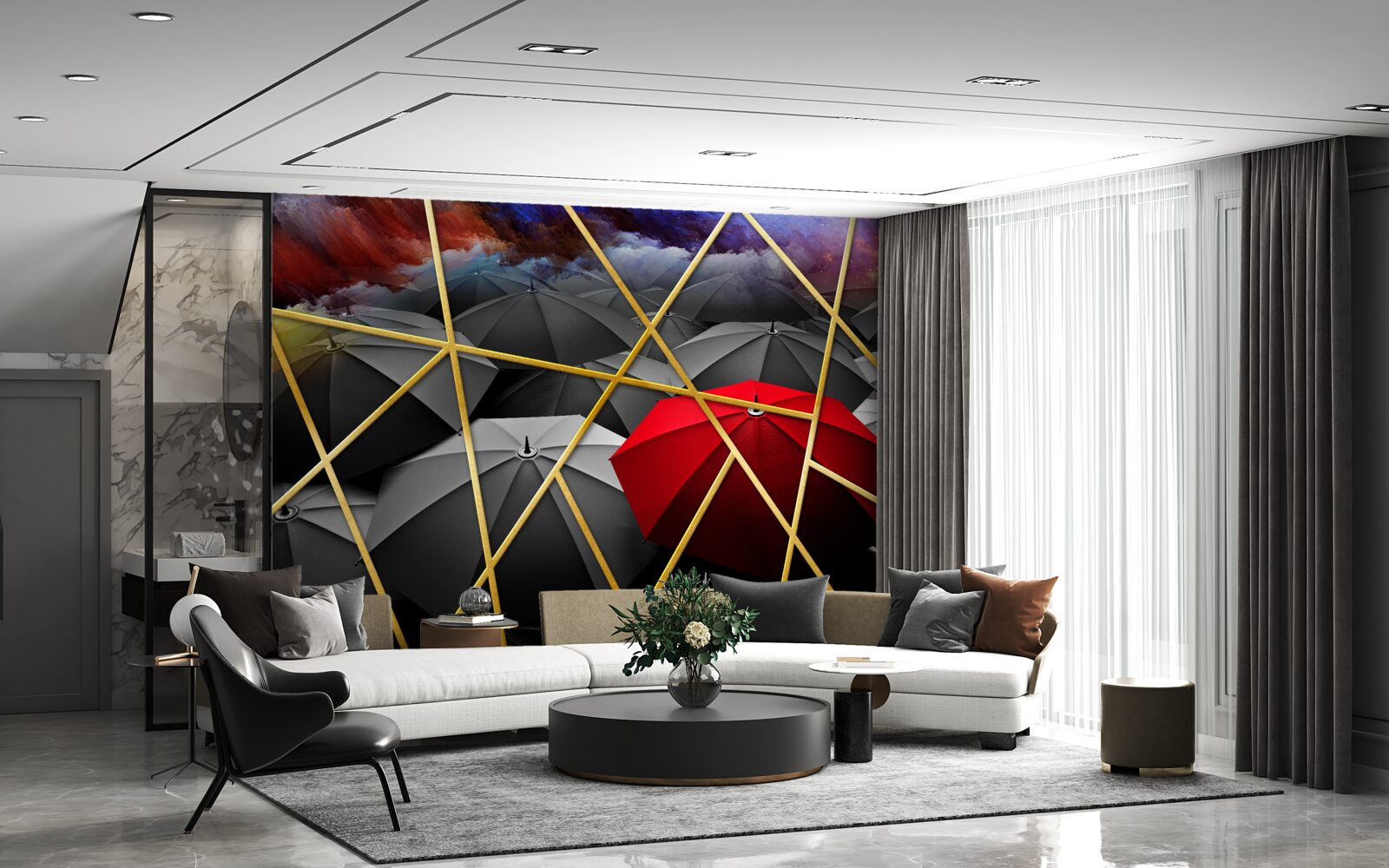 Фотошпалери золота сітка на сірому тлі, підкреслена червоною парасолькою
