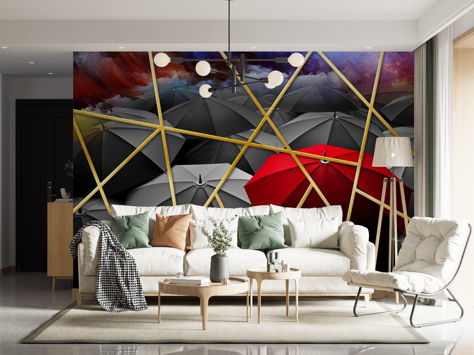 Фотошпалери золота сітка на сірому тлі, підкреслена червоною парасолькою