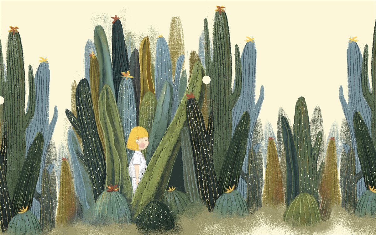 Фотошпалери дівчина з рудим волоссям серед кактусів