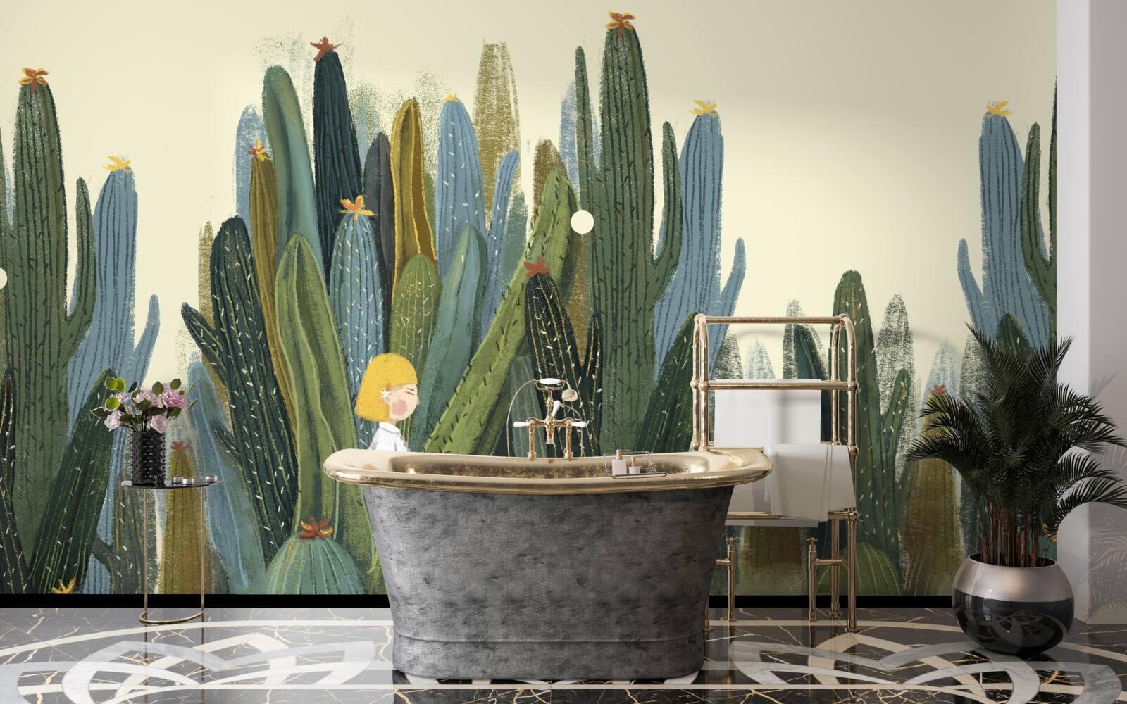 Фотошпалери дівчина з рудим волоссям серед кактусів