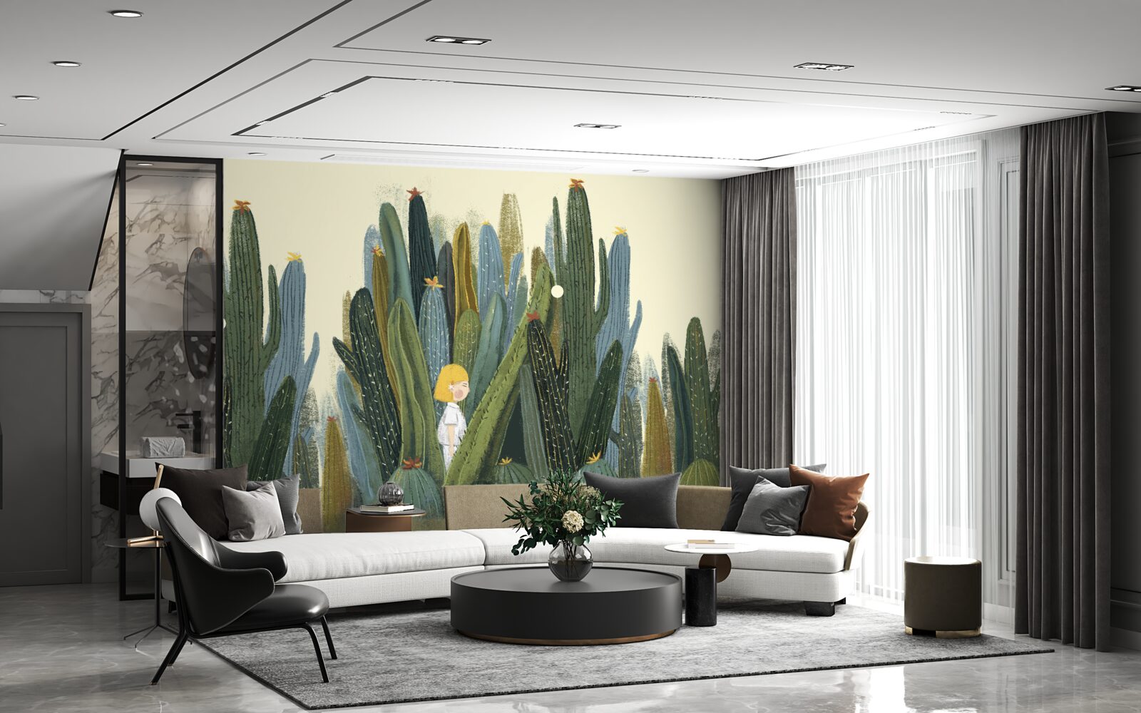 Фотошпалери дівчина з рудим волоссям серед кактусів