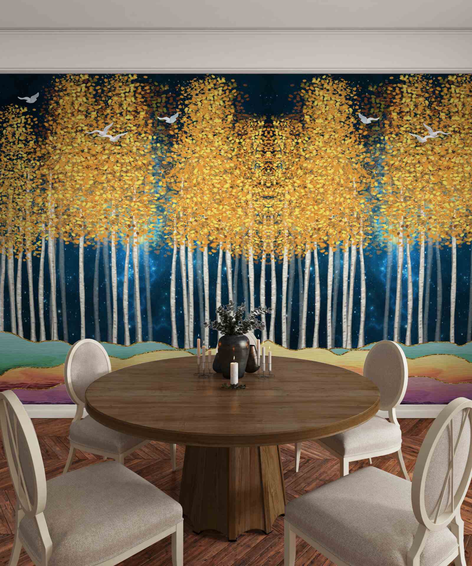 Фотошпалери ошатні берези, готові до нічного сну