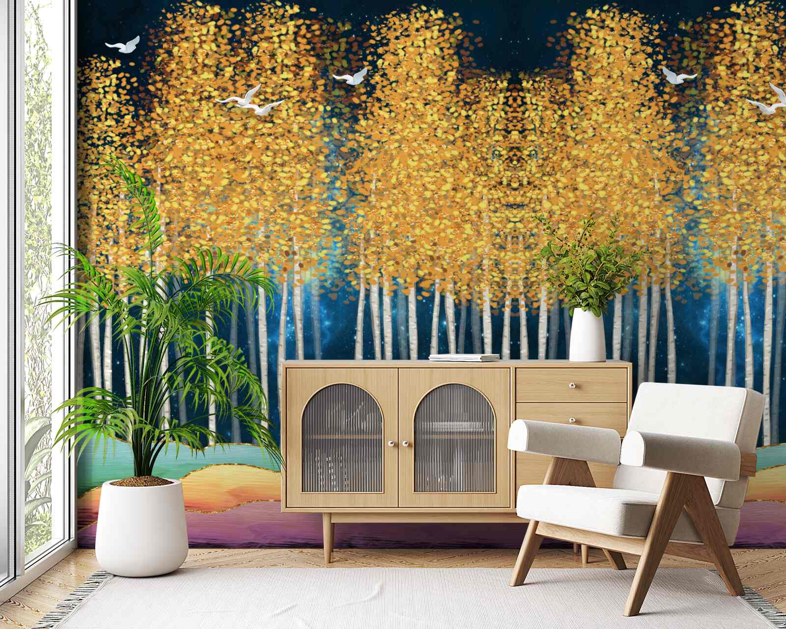 Фотошпалери ошатні берези, готові до нічного сну