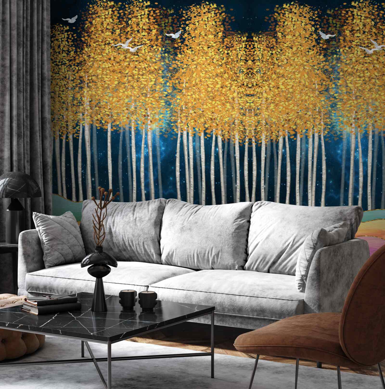 Фотошпалери ошатні берези, готові до нічного сну