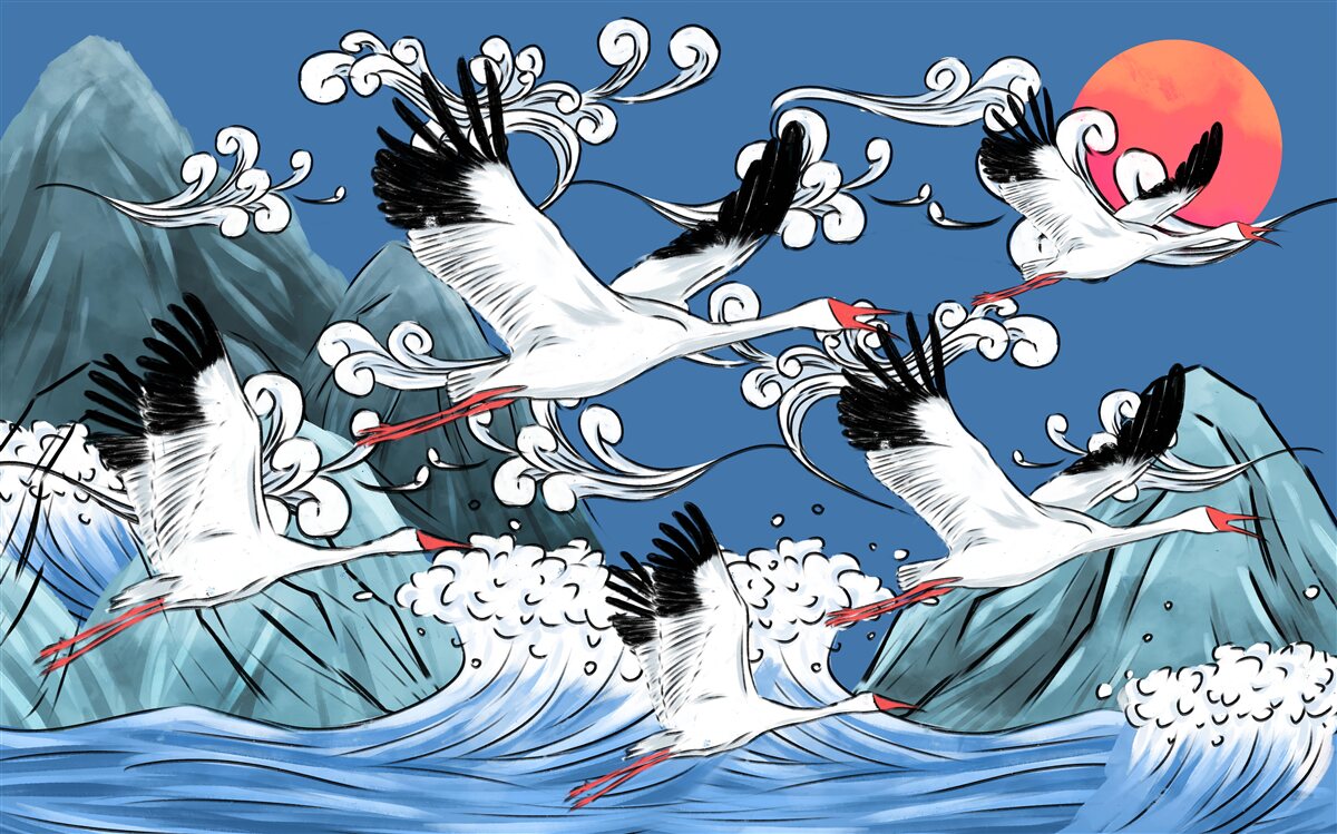 Фотошпалери лелеки прямують на захід сонця