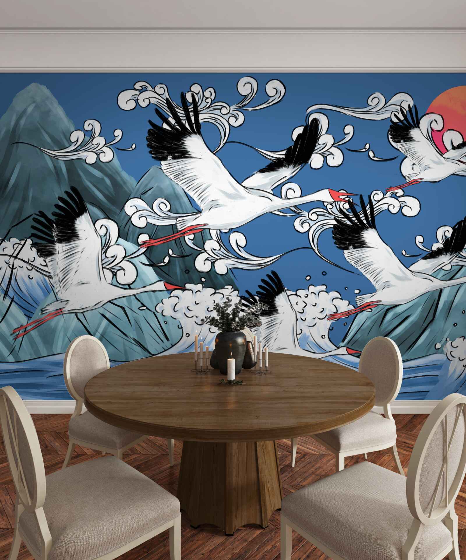 Фотошпалери лелеки прямують на захід сонця