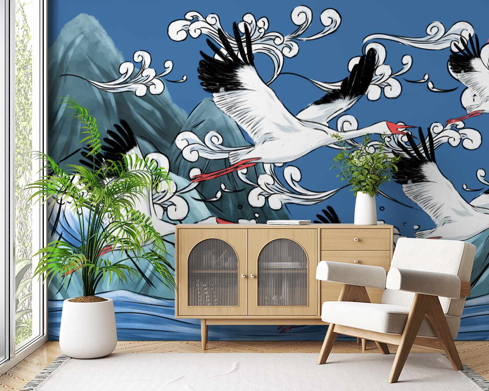 Фотошпалери лелеки прямують на захід сонця