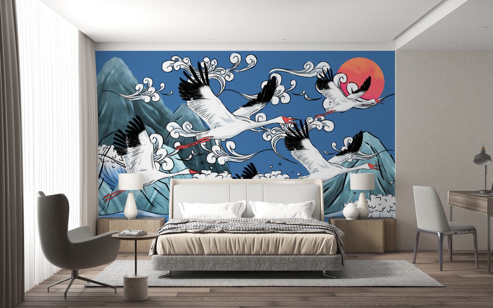 Фотошпалери лелеки прямують на захід сонця