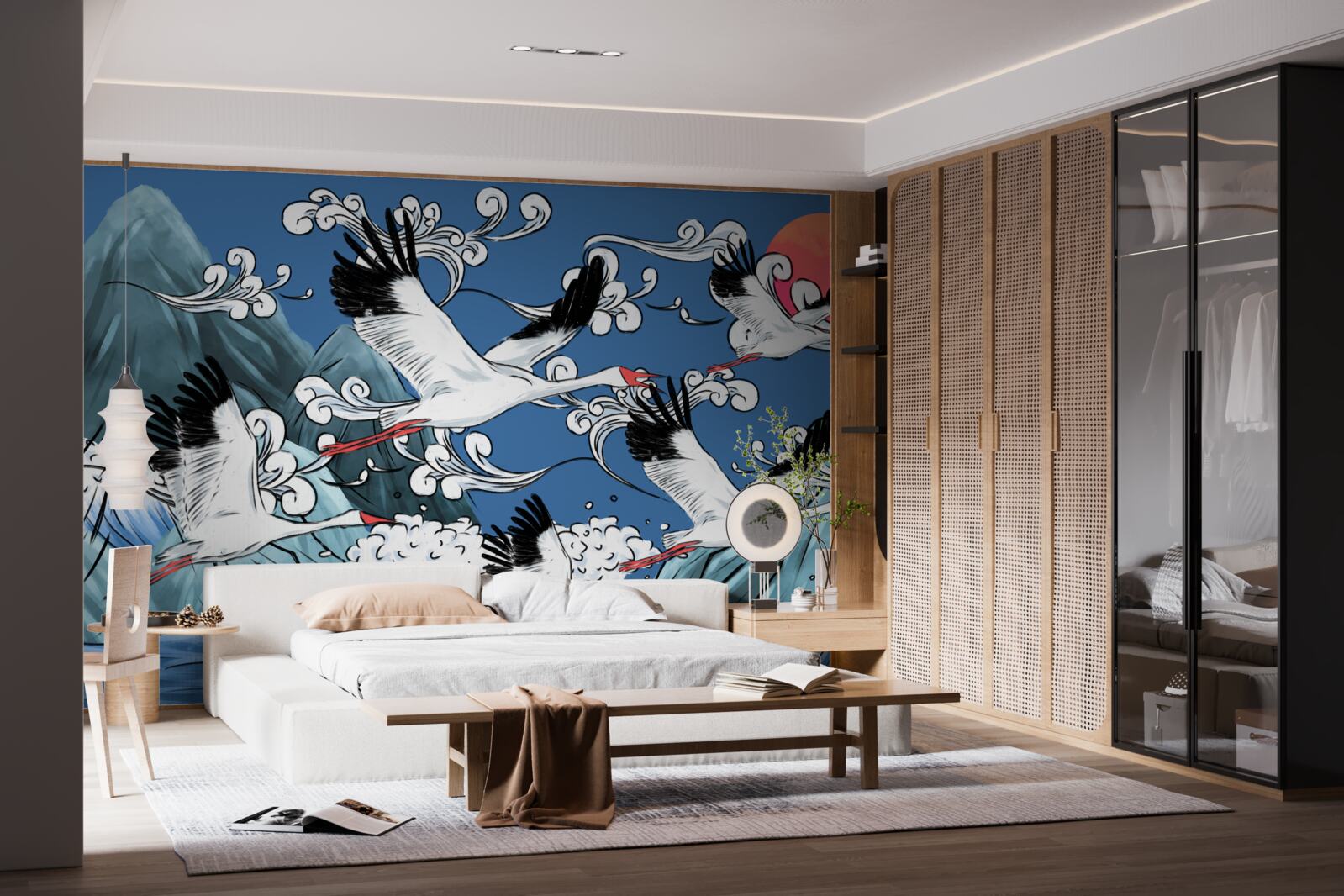 Фотошпалери лелеки прямують на захід сонця