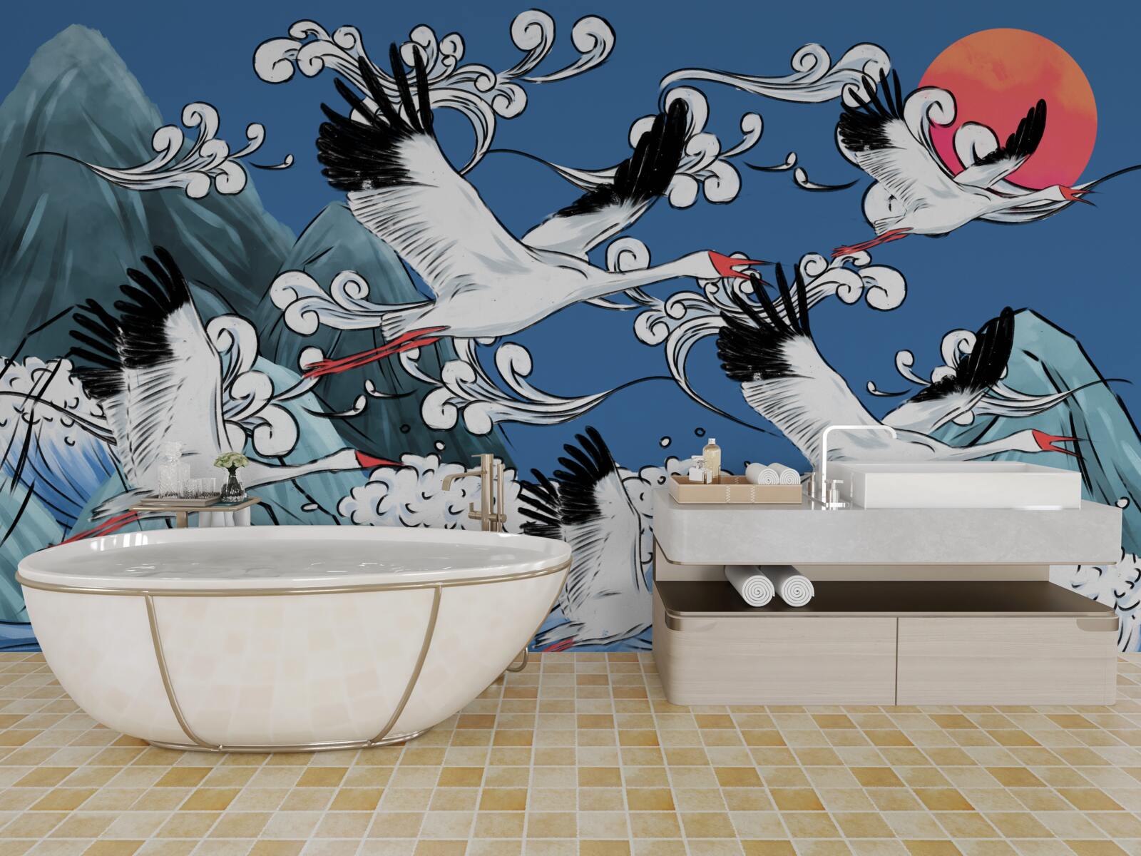 Фотошпалери лелеки прямують на захід сонця