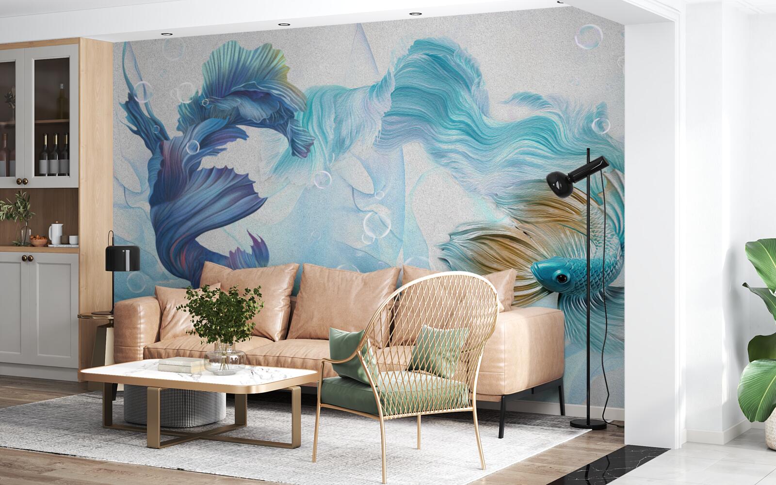 Фотошпалери зображення різнокольорових рибок, що плавають у воді