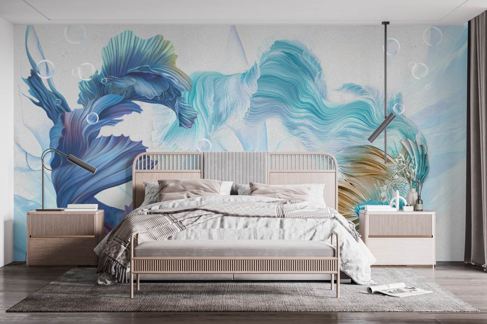 Фотошпалери зображення різнокольорових рибок, що плавають у воді