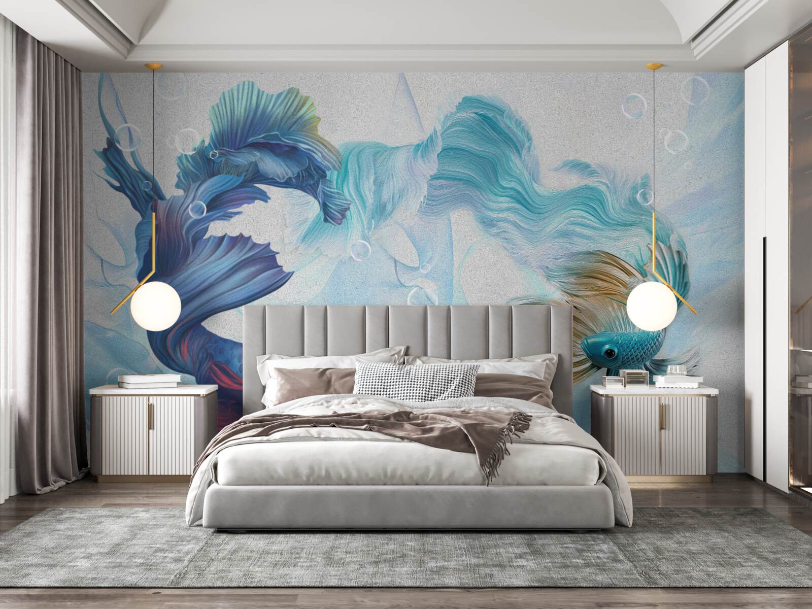 Фотошпалери зображення різнокольорових рибок, що плавають у воді