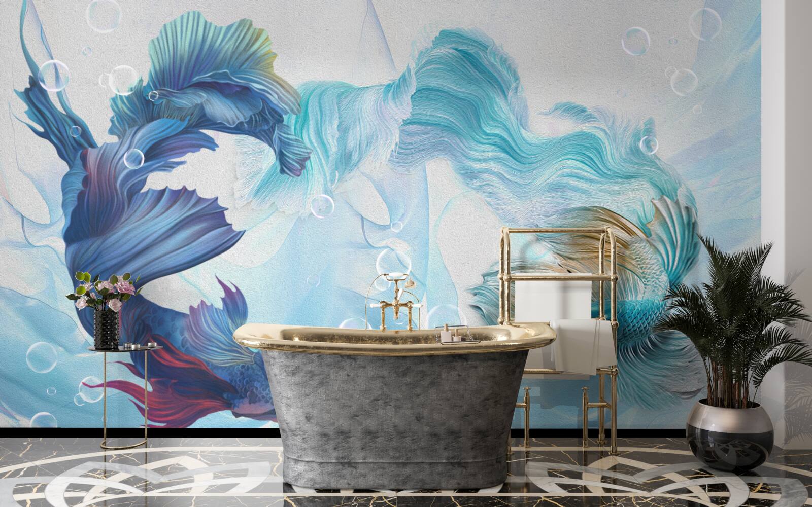 Фотошпалери зображення різнокольорових рибок, що плавають у воді