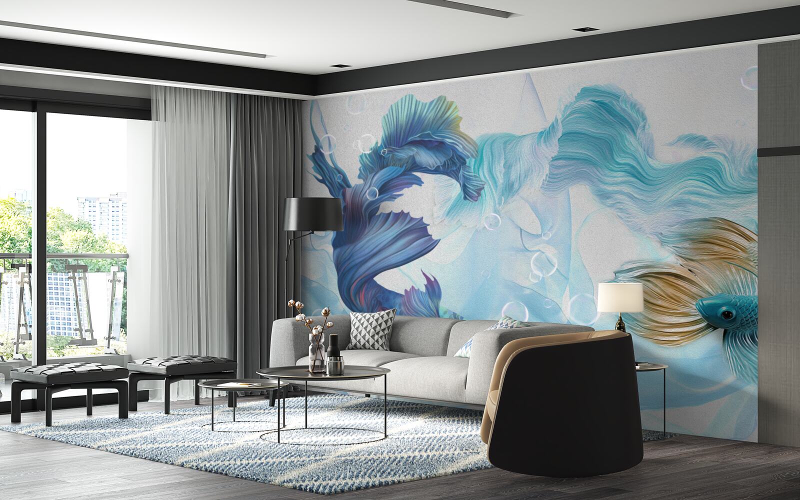 Фотошпалери зображення різнокольорових рибок, що плавають у воді