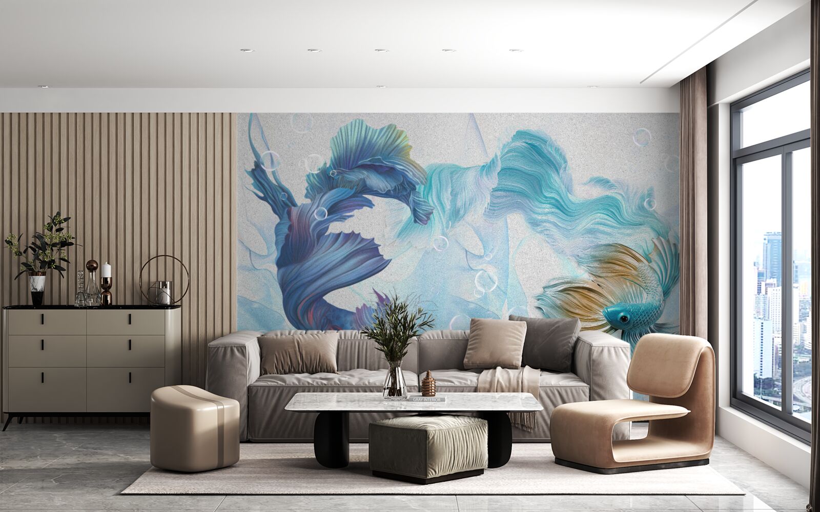 Фотошпалери зображення різнокольорових рибок, що плавають у воді