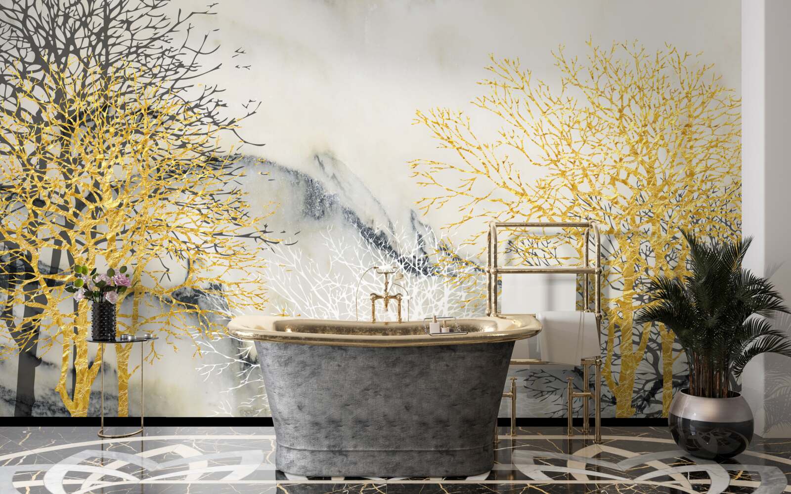 Фотошпалери осінні дерева, вкриті золотом