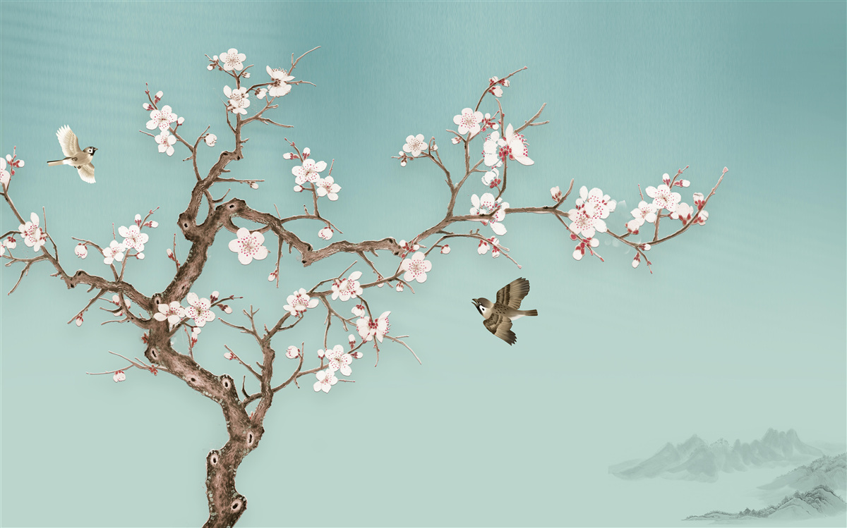 Фотошпалери дерева з білими квітами стали мішенню для польотів птахів