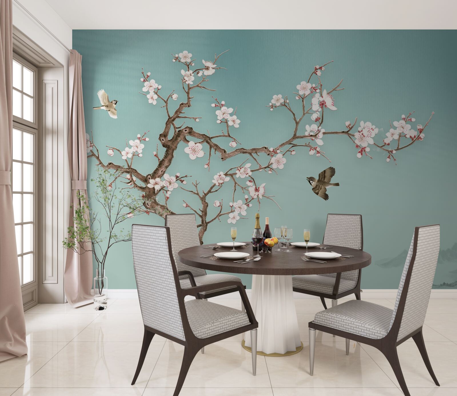 Фотошпалери дерева з білими квітами стали мішенню для польотів птахів