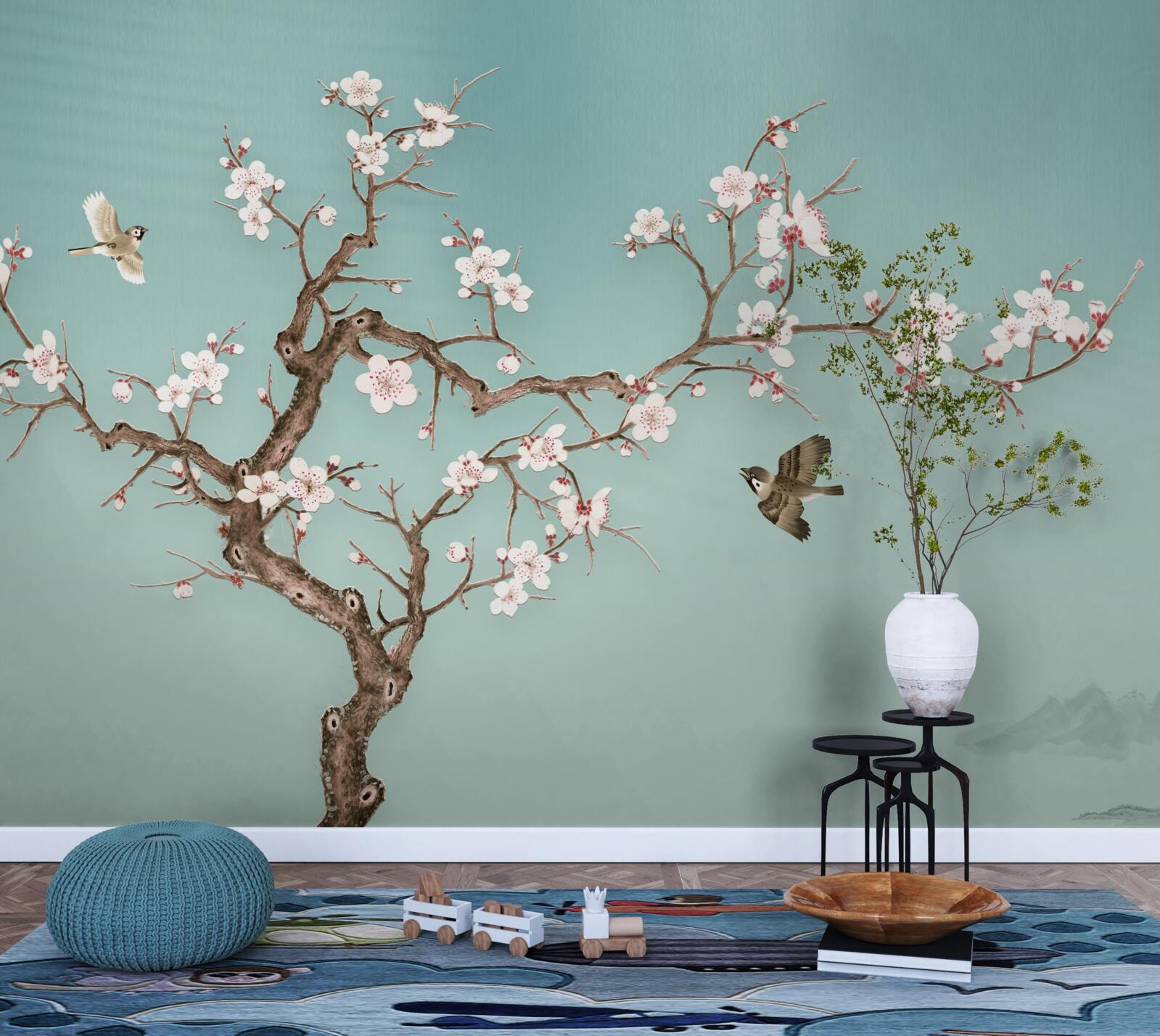 Фотошпалери дерева з білими квітами стали мішенню для польотів птахів