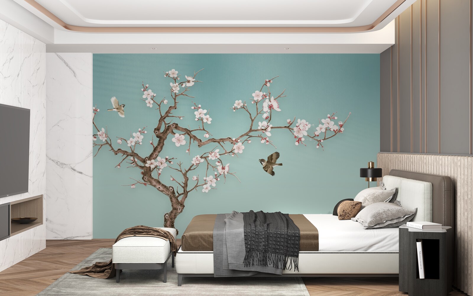 Фотошпалери дерева з білими квітами стали мішенню для польотів птахів