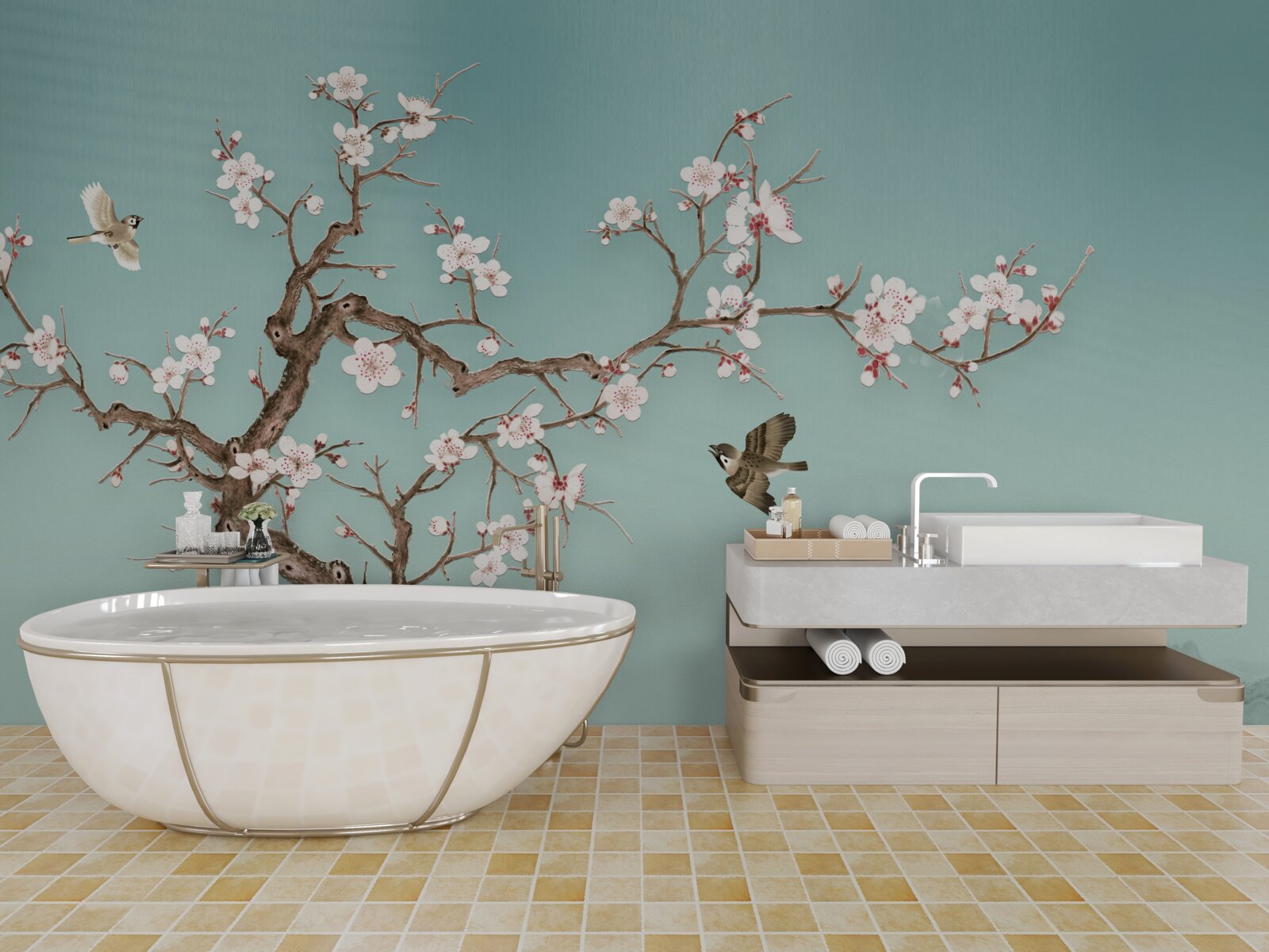 Фотошпалери дерева з білими квітами стали мішенню для польотів птахів