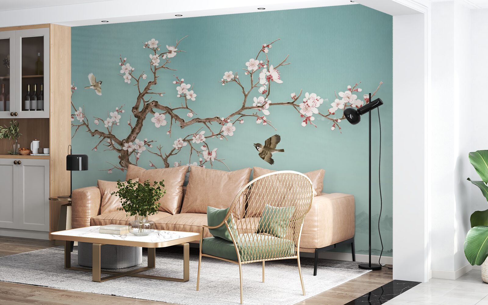 Фотошпалери дерева з білими квітами стали мішенню для польотів птахів