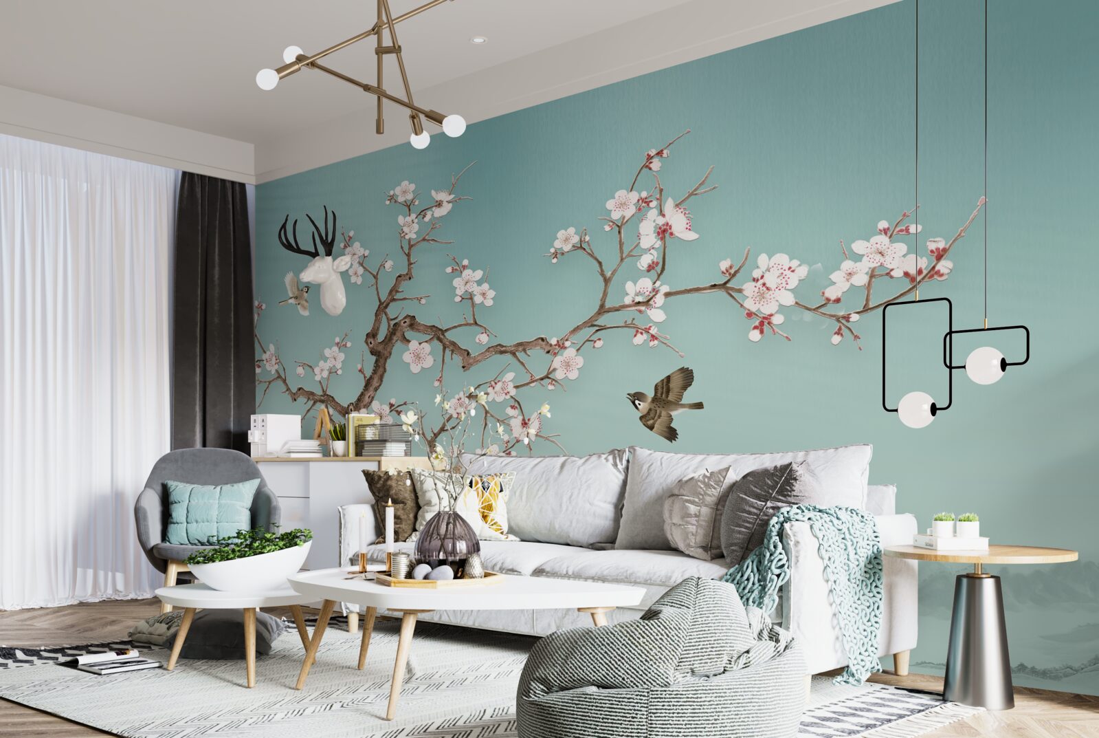 Фотошпалери дерева з білими квітами стали мішенню для польотів птахів