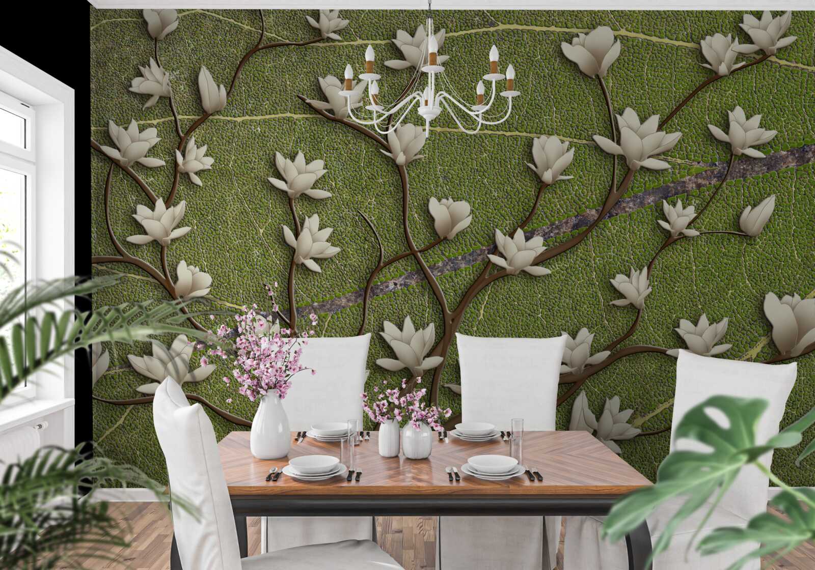 Фотошпалери Білосніжні гілки магнолії на зеленому тлі