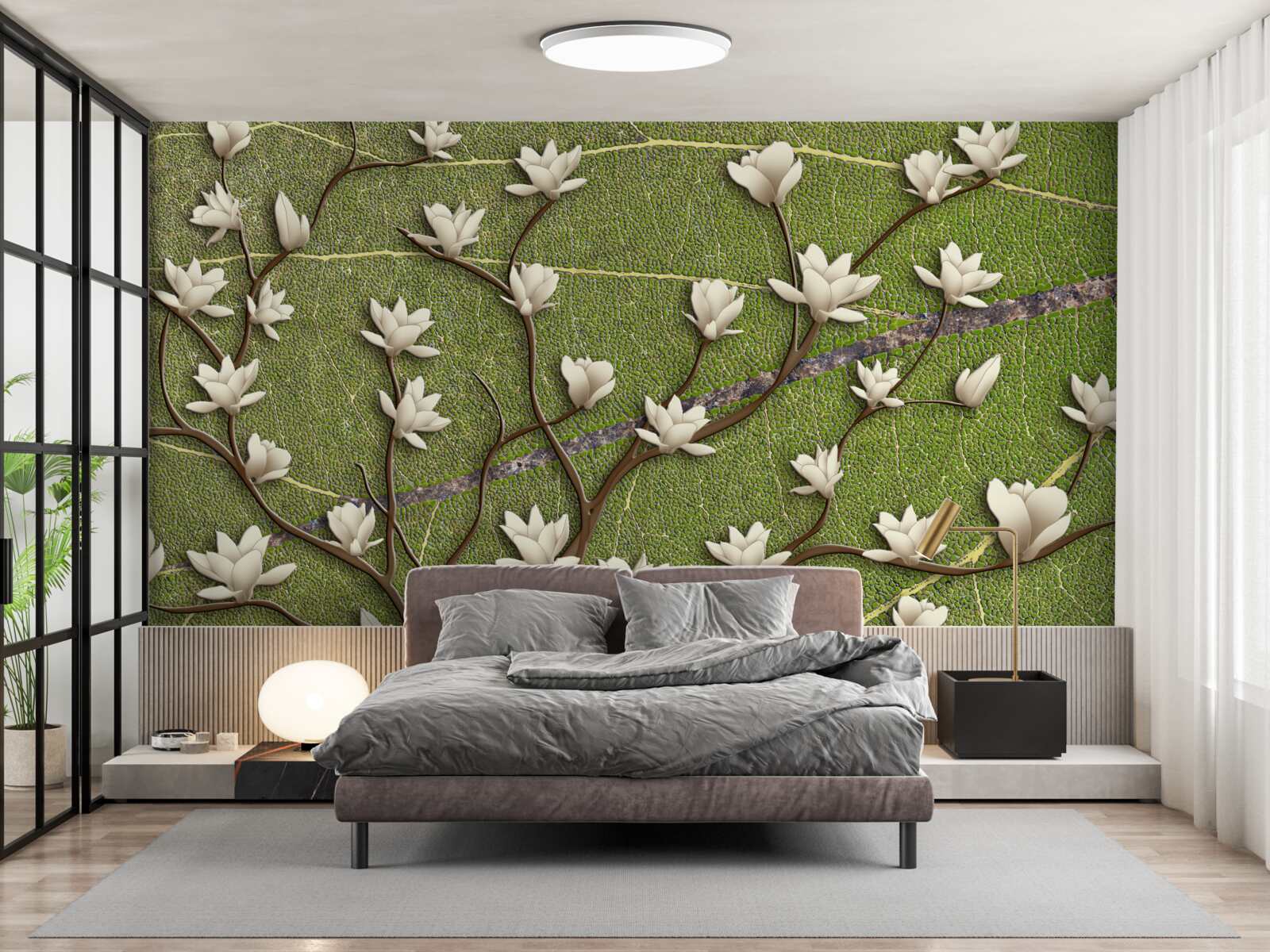 Фотошпалери Білосніжні гілки магнолії на зеленому тлі