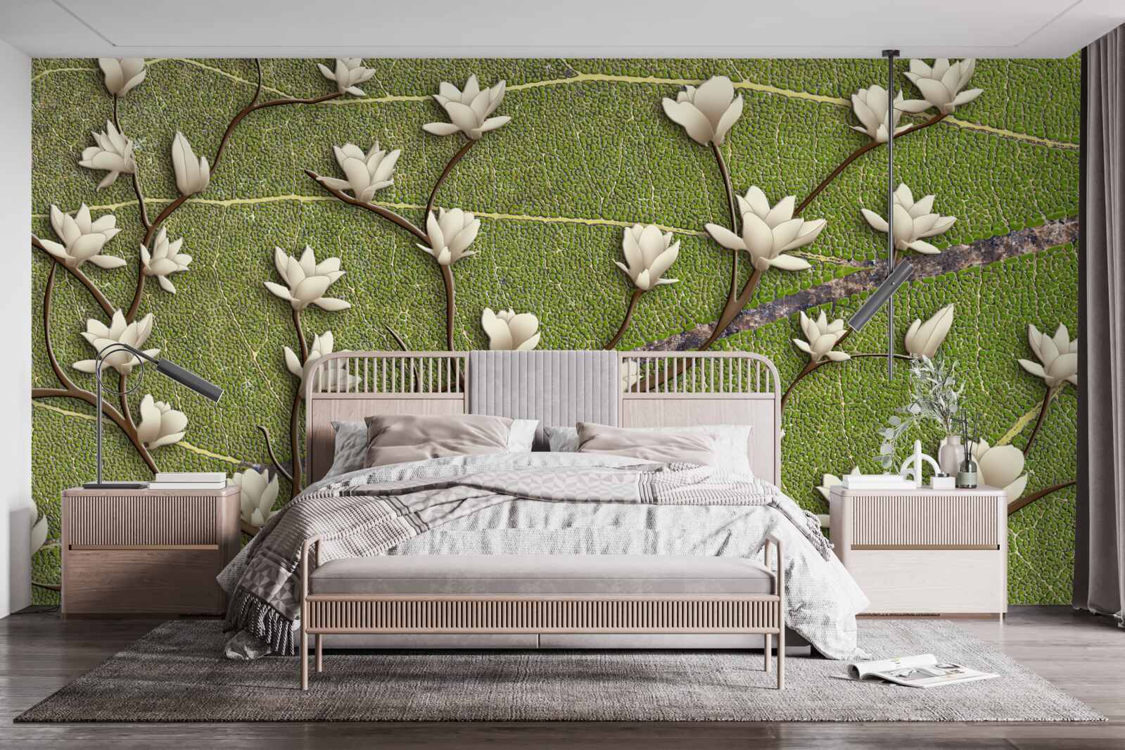 Фотошпалери Білосніжні гілки магнолії на зеленому тлі