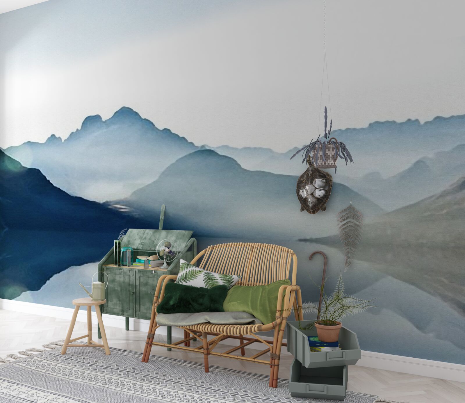 Фотошпалери туманне дзеркало розпливається аквареллю в горах