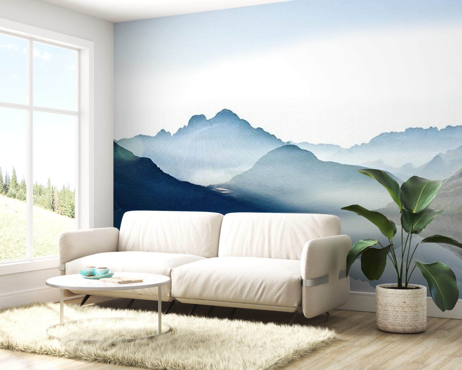 Фотошпалери туманне дзеркало розпливається аквареллю в горах