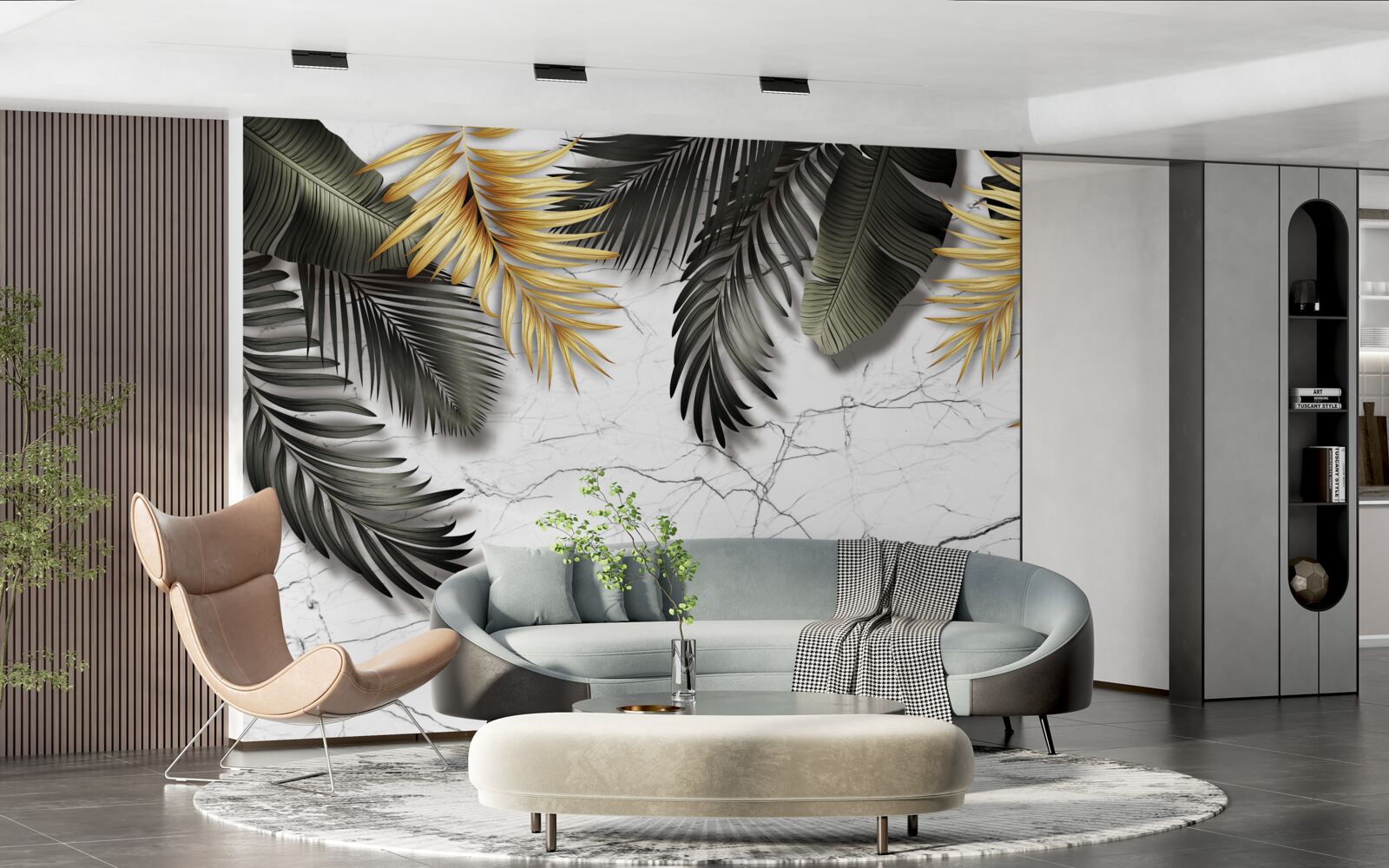 Фотошпалери мармур прикрашений золотом і чорним пальмовим листям