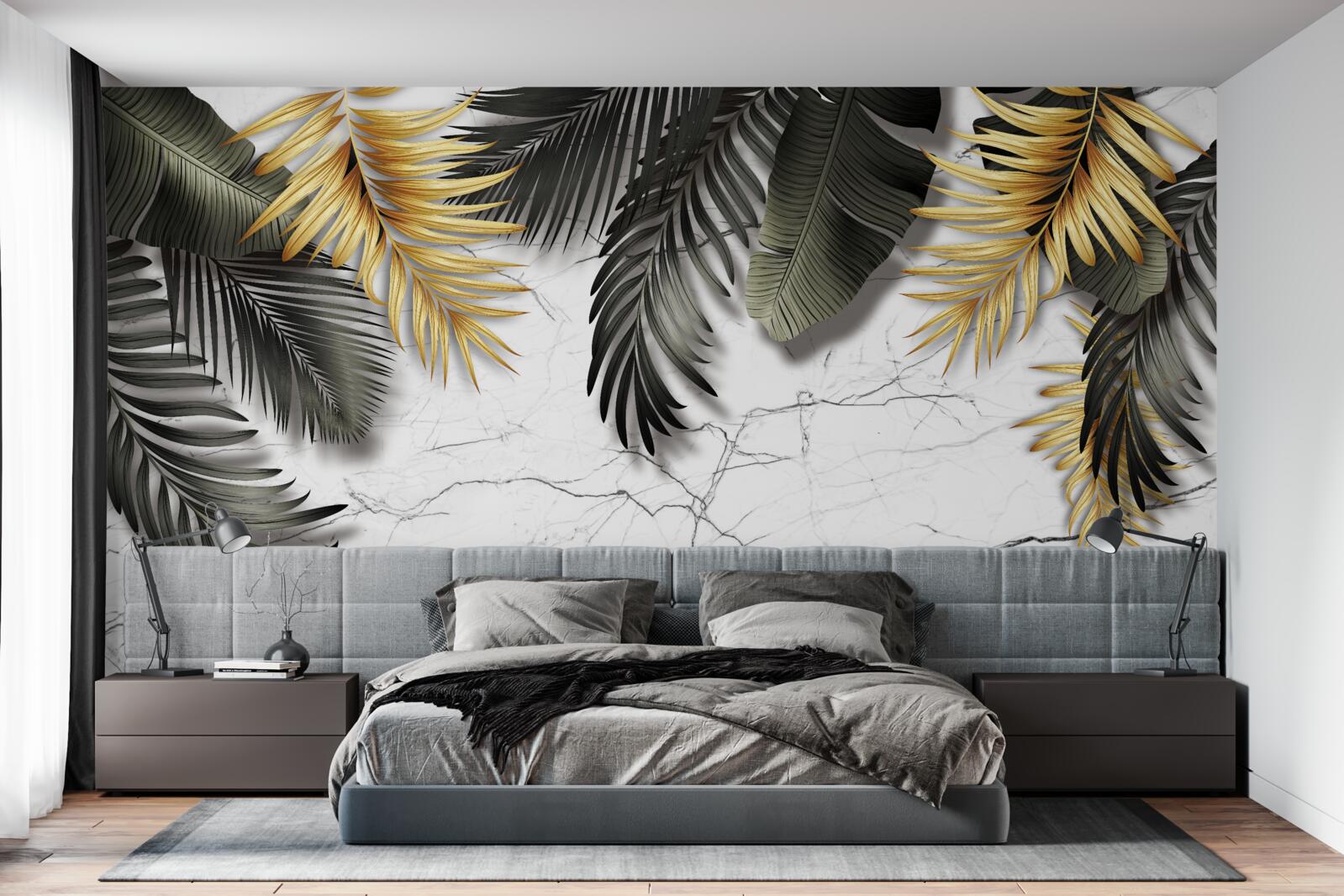 Фотошпалери мармур прикрашений золотом і чорним пальмовим листям